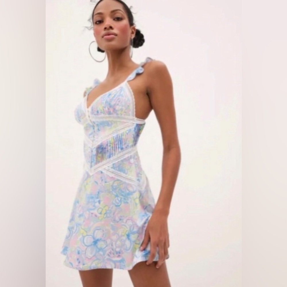 For love & Lemons Midsummer Floral Slip Dress Pastel Lace-Trim Mini XS
